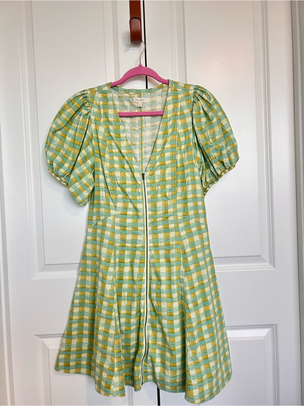 Pilcro Yellow and Green Gingham Zip-Front Puff Sleeve Dress
